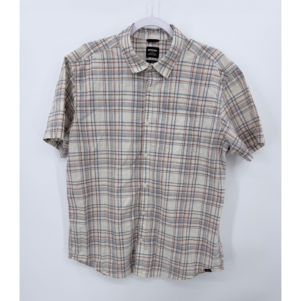 prAna Button Down Shirt Mens Large White Blue Brown Plaid Organic Cotton Blend